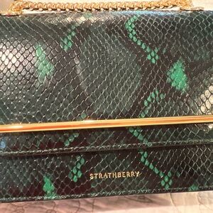 Strathberry Green Snake-Embossed Leather Crossbody with Gold Hardware